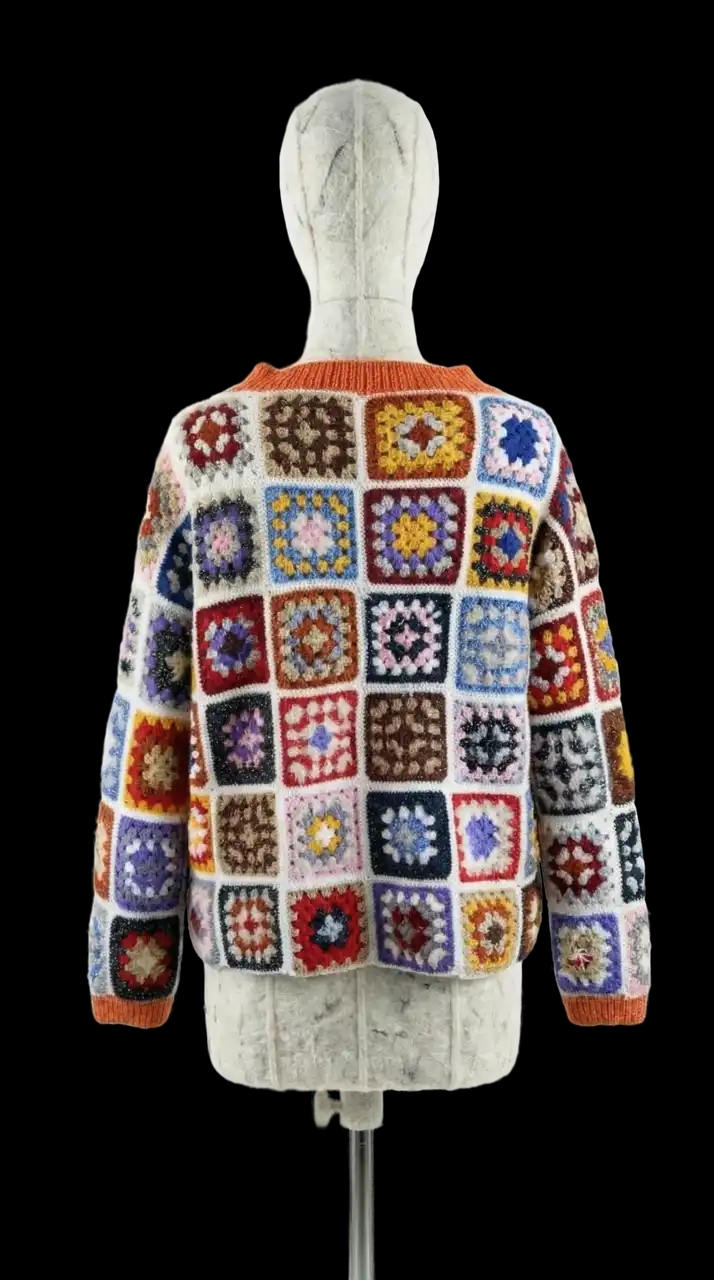 Дизайнерский арт-свитер в технике «бабушкин квадрат» с люрексом. Вязаный свитер ручной работы, вдохновлённый винтажной эстетикой и наивным искусством. Мужской и женский свитер, не теряет форму, подходит для повседневных и концептуальных образов. Яркий свитер с цветными квадратами, декоративным блеском и выразительной фактурой.