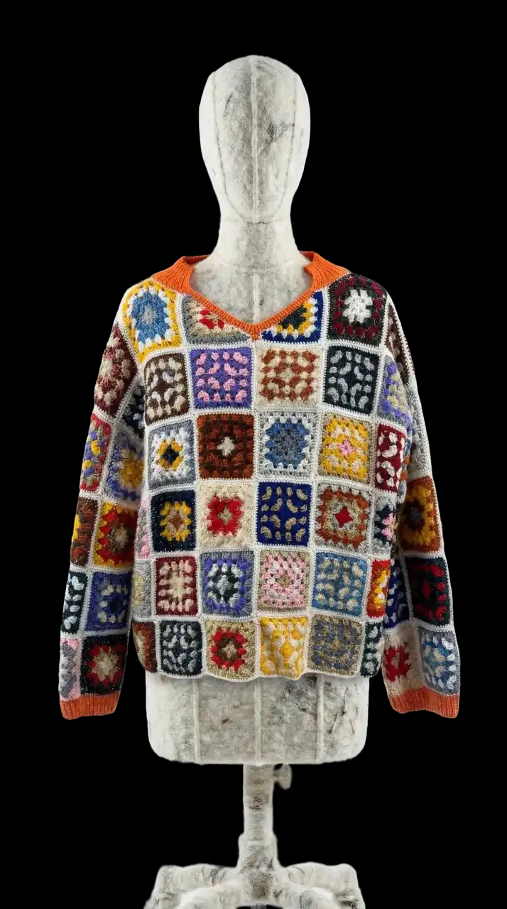 Дизайнерский арт-свитер в технике «бабушкин квадрат» с люрексом. Вязаный свитер ручной работы, вдохновлённый винтажной эстетикой и наивным искусством. Мужской и женский свитер, не теряет форму, подходит для повседневных и концептуальных образов. Яркий свитер с цветными квадратами, декоративным блеском и выразительной фактурой.