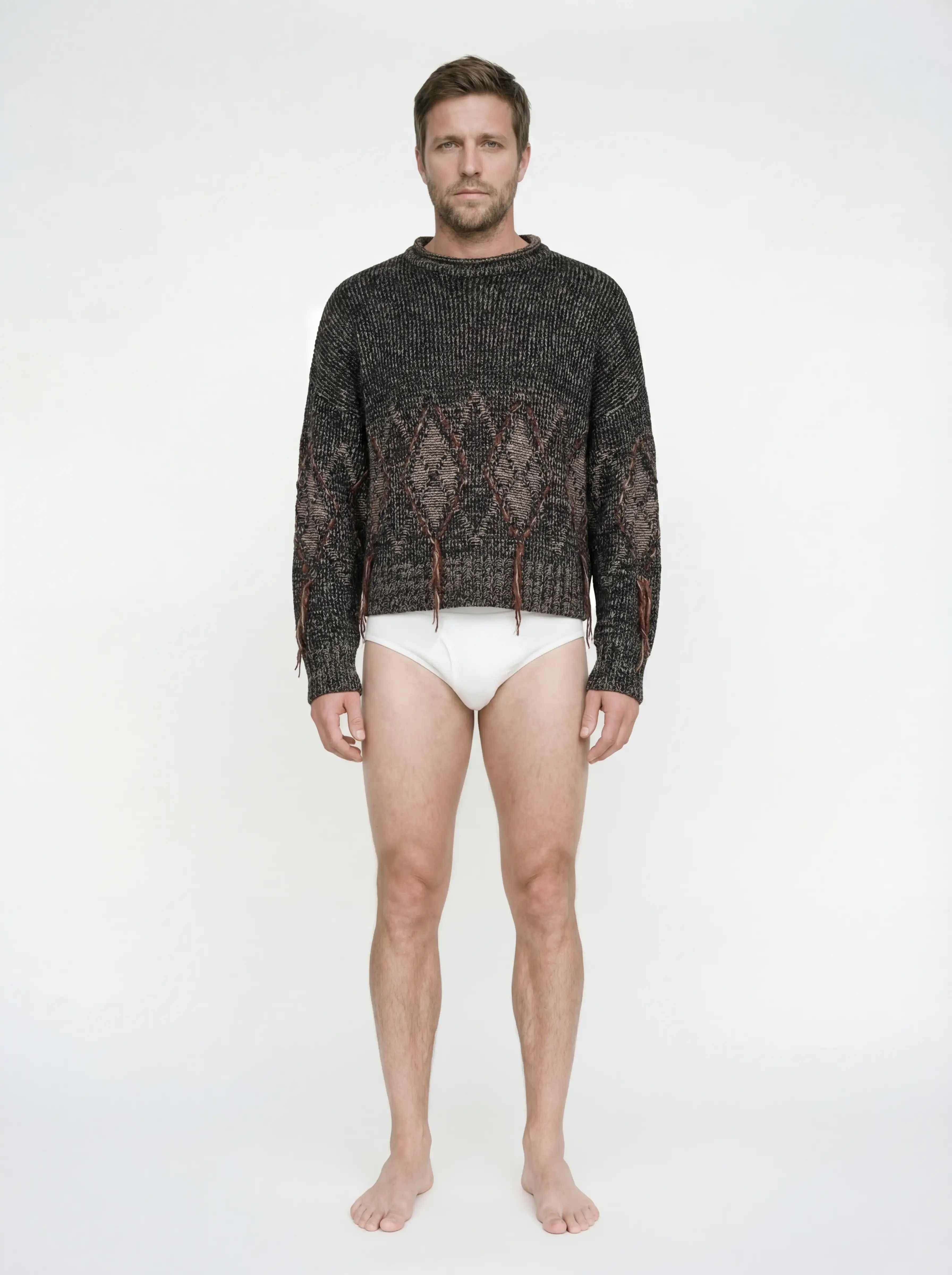 Джемпер расслабленного силуэта со спущенным рукавом. Основное полотно выполнено кулирной гладью, а на рукавах и в нижней части фактурными петлями вывязан рисунок ромбов. Контуры ромбов обрамлены ажурными отверстиями, через которые вручную протянуты фактурные нити, создавая эффект вышивки.
Для производства выбрана высококачественная итальянская пряжа: натуральная шерсть дополнена вискозой и нежным мохером. Такой состав обеспечивает комфорт в повседневной носке. Каждое изделие проходит специальный цикл технологической стирки с особыми составами — это раскрывает структуру волокон, делая полотно мягким и приятным на ощупь.
В коллекции модель представлена в монохромной гамме: в полотне сочетаются нити чёрного, коричневого и светло-серого оттенков.