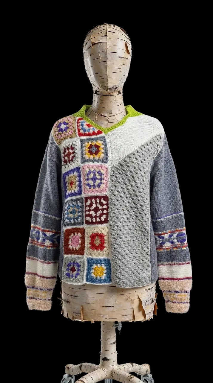 Дизайнерский арт-свитер с бабушкиным квадратом. Вязаный свитер ручной работы, комбинированная вязка, техника granny square. Мужской и женский свитер, унисекс. Свитер не теряет форму, мягкий, фактурный, подходит для повседневных и арт-образов. Авторский вязаный свитер с цветными элементами и рельефной поверхностью.