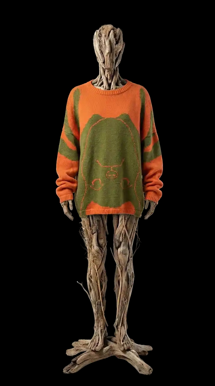 Свитер с крупным графическим изображением перевёрнутого Чихпаука, связан из пряжи на основе крапивы — редкого, прочного и экологичного материала. Крапива даёт характерную сухую фактуру, плотность и ощущение «живой» вещи, которая со временем красиво меняется и адаптируется к телу.
Перевёрнутый Чихпаук — символ перехода, внутреннего напряжения и трансформации. Он выглядит одновременно наивно и тревожно, как рисунок из детской памяти или знак из личного мифа. Контрастное сочетание терракотово-оранжевого и приглушённого зелёного подчёркивает графику мотива и делает образ сильным, но не агрессивным.
Свободный унисекс-силуэт, спущенная линия плеча и мягкая посадка